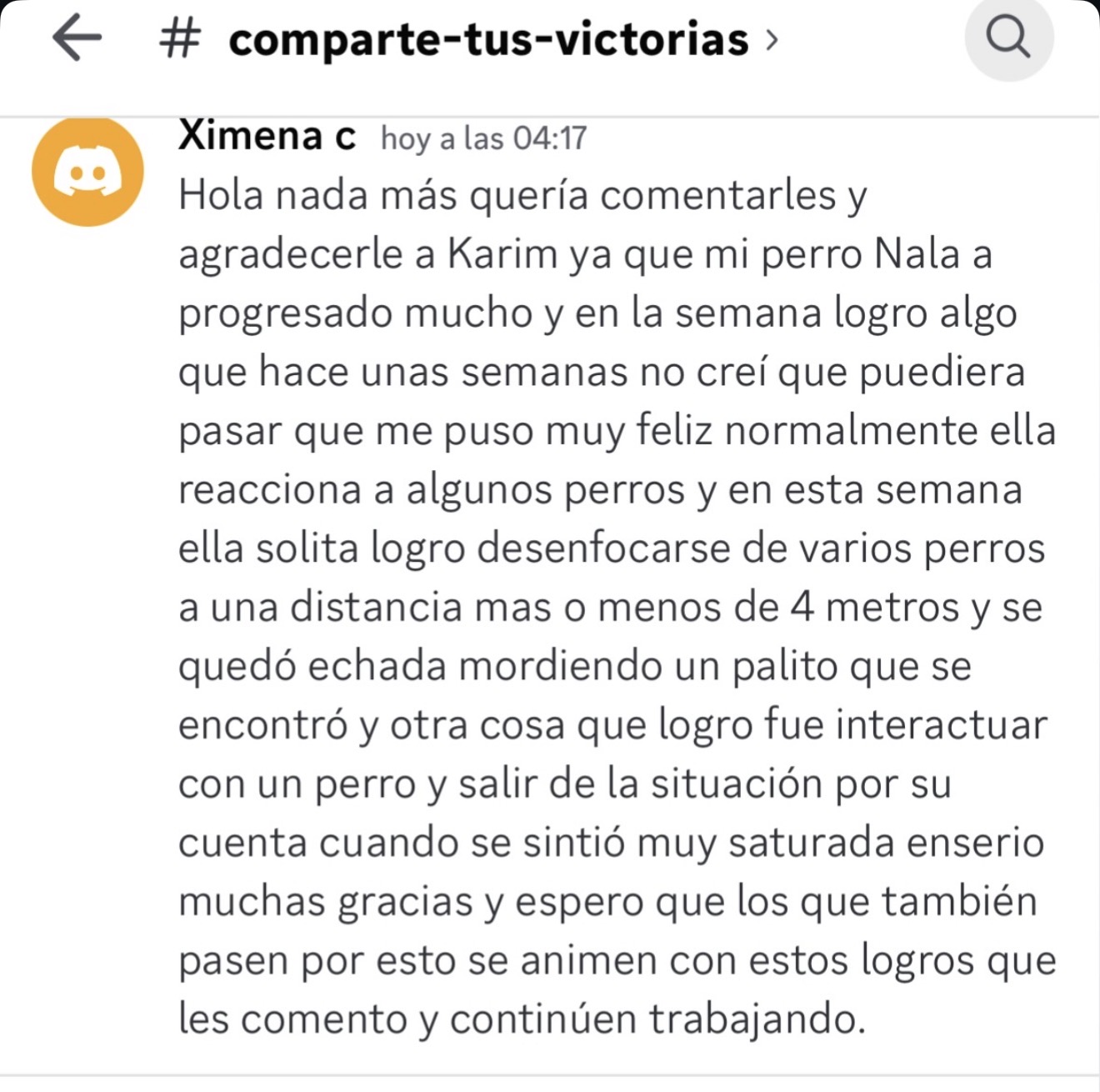 Ximena comparte el progreso de Nala desenfocándose de otros perros